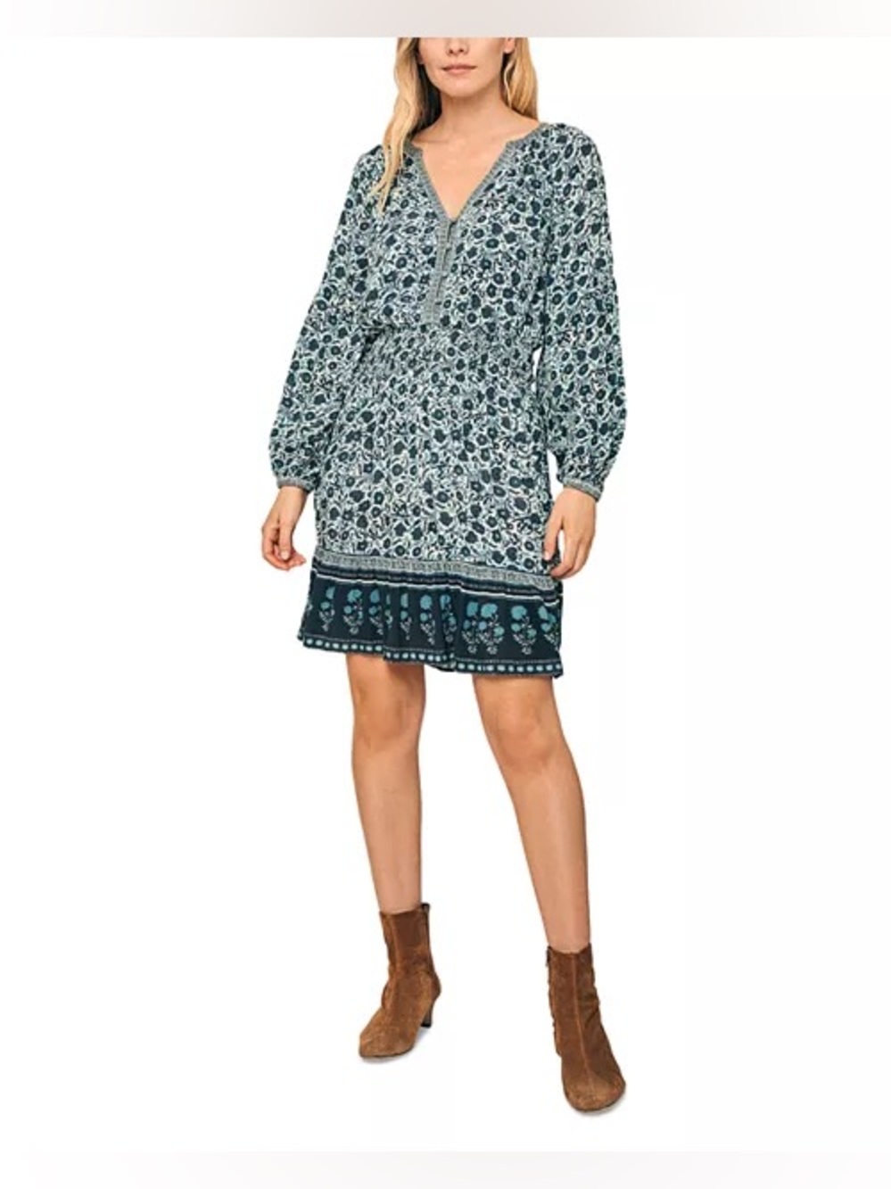 Faherty Montana Dress medium Navy Folly Floral western boho long sleeve a-line - Picture 2 of 13